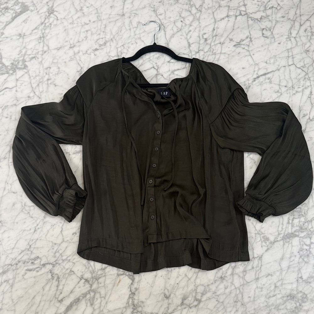 GAP Sz L Empire Satin Women's Blouse Top Dark Green NWOT